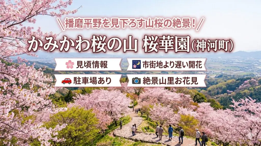 播磨平野を見下ろす山桜の絶景！かみかわ桜の山 桜華園（神河町）見頃
