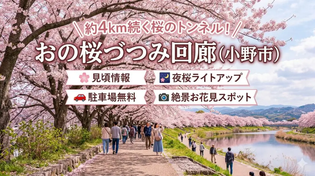 おの桜づつみ回廊｜650本・臨時駐車場無料・通行規制（4/1〜12）完全