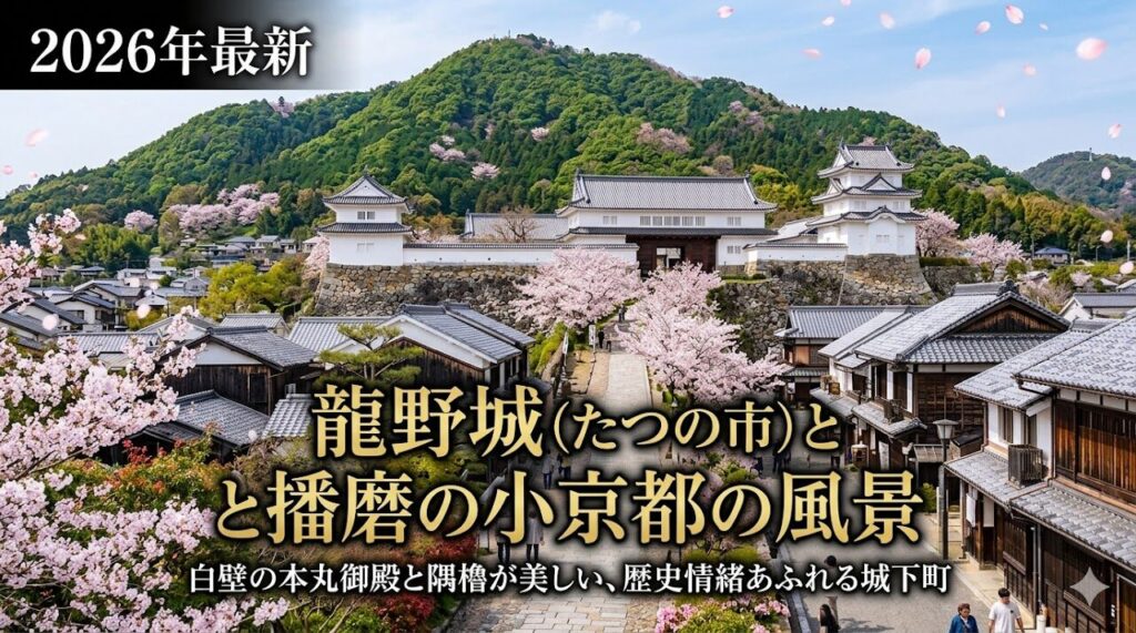 龍野城の白壁の本丸御殿と鶏籠山の緑