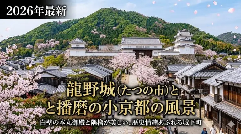龍野城の白壁の本丸御殿と鶏籠山の緑