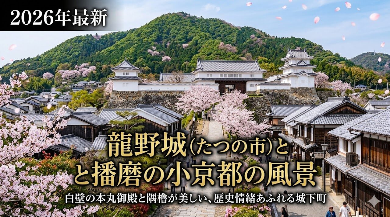 龍野城の白壁の本丸御殿と鶏籠山の緑