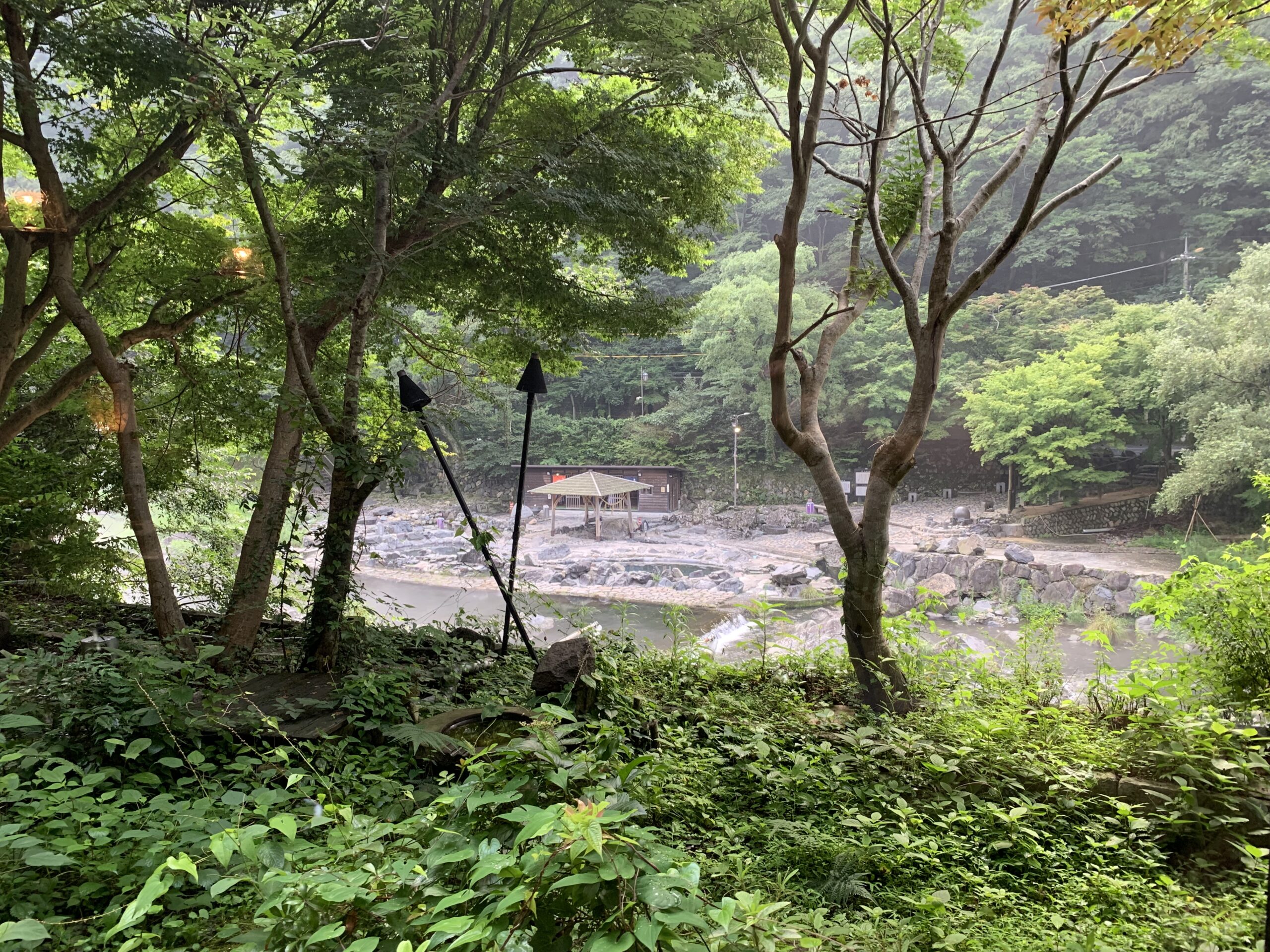 湯原温泉 木々の間から見える砂湯