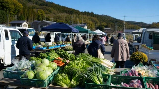 赤穂軽トラ朝市の会場と農産物の雰囲気をイメージした生成画像