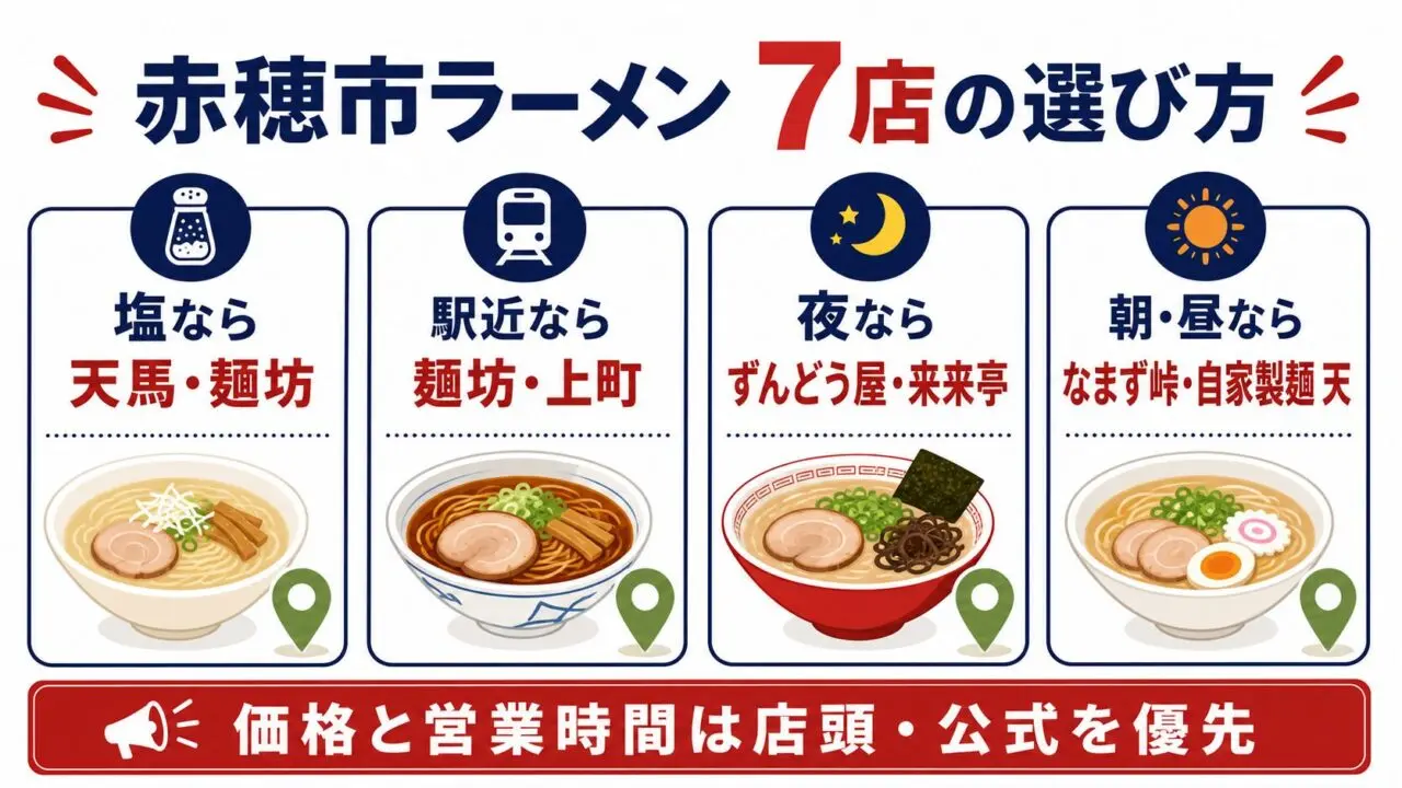 赤穂市ラーメン7店の選び方を塩・駅近・夜・朝昼で整理した図解