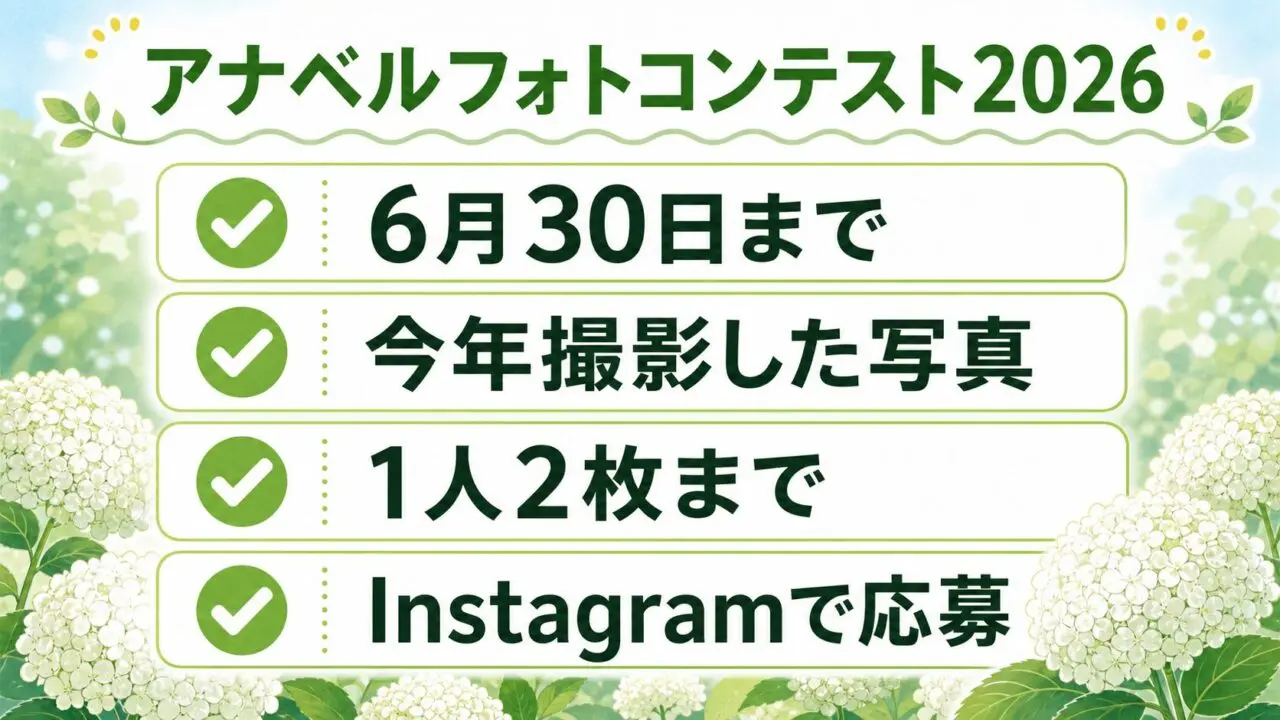 アナベルフォトコンテスト2026の締切、今年撮影した写真、1人2枚、Instagram応募をまとめたチェック画像