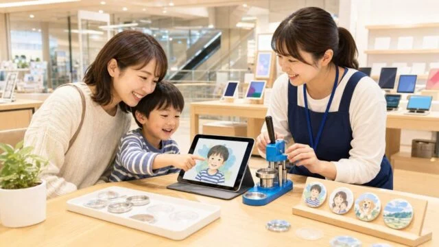 C smartピオレ姫路の無料ワークショップで缶バッジ作りを体験する親子のイメージ
