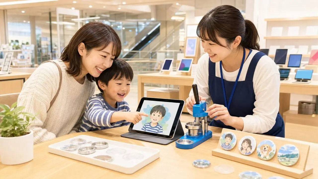 C smartピオレ姫路の無料ワークショップで缶バッジ作りを体験する親子のイメージ