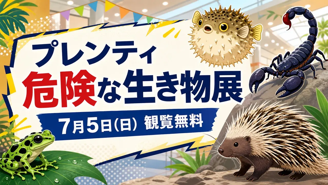 プレンティ危険な生き物展の開催日と観覧無料を示すアイキャッチ画像