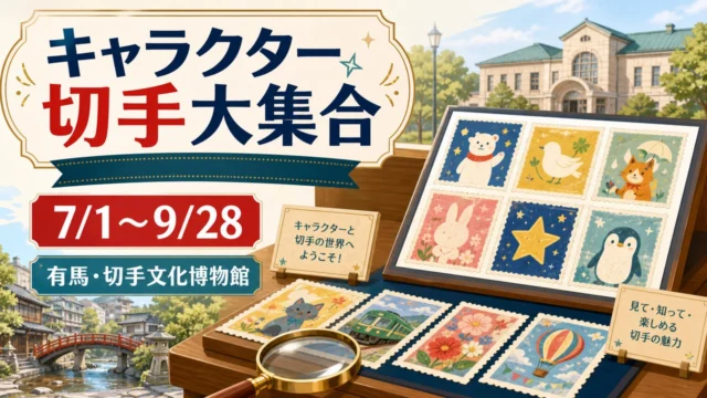 キャラクター切手大集合は7月1日から9月28日まで、有馬の切手文化博物館で開催されることを示すアイキャッチ画像