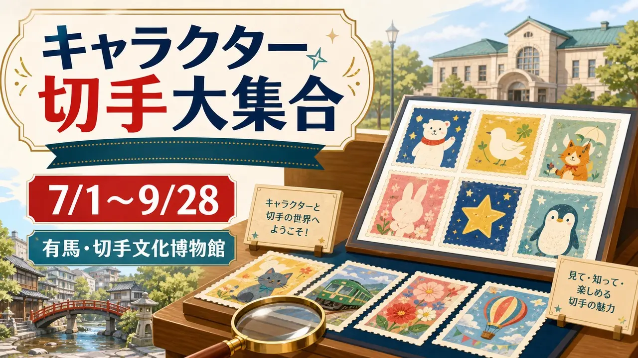 キャラクター切手大集合は7月1日から9月28日まで、有馬の切手文化博物館で開催されることを示すアイキャッチ画像