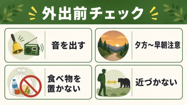 クマ目撃情報の外出前チェック。音を出す、夕方から早朝に注意、食べ物を置かない、近づかない。