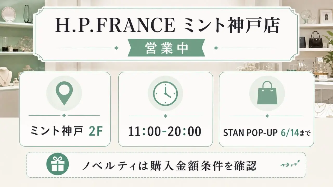 H.P.FRANCE ミント神戸店の場所・営業時間・POP-UP期間をまとめた本文用図解