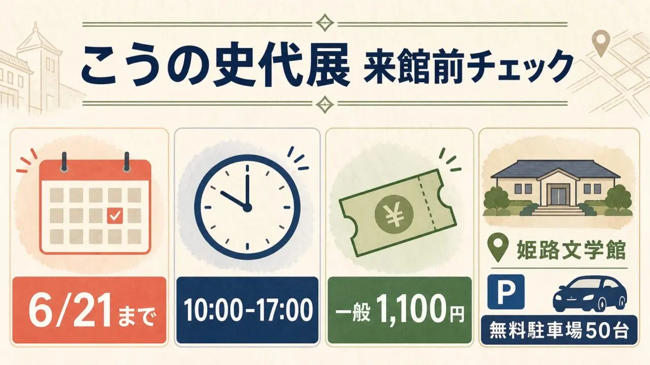 こうの史代展の会期、開館時間、観覧料、姫路文学館アクセスの来館前チェック図解