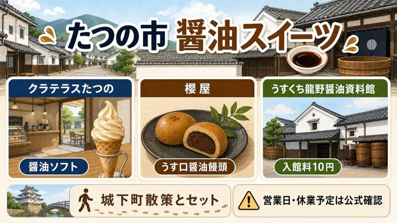 たつの市の醤油スイーツ巡りでクラテラスたつの、櫻屋、うすくち龍野醤油資料館を確認するGPT Image 2.0生成図解