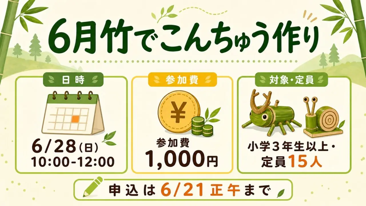 6月竹でこんちゅう作りの日時、参加費、対象、申込締切を整理した図解