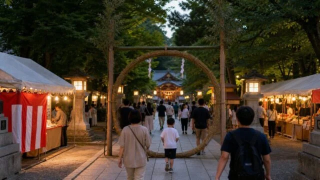 日岡神社夏越祭の会場と露店の雰囲気をイメージした生成画像