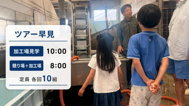 岩屋鮮魚のしらす親子体験ツアーで加工場見学と競り場見学の時刻を示す本文画像