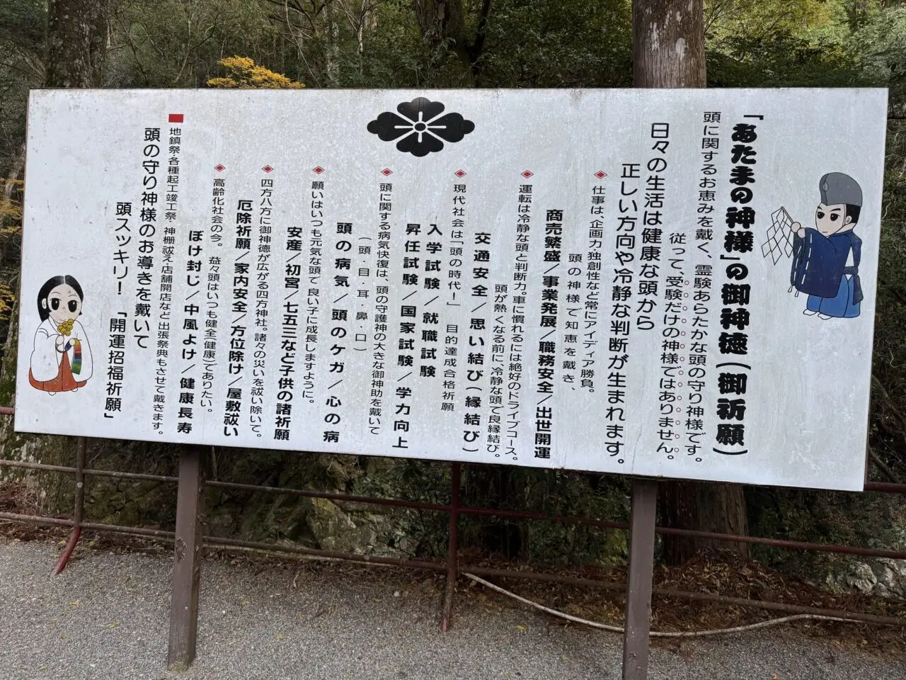頭之宮四方神社の祈願内容を案内する現地掲示