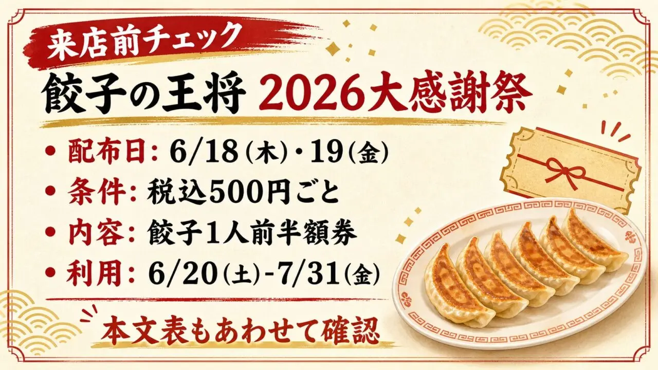 餃子の王将2026大感謝祭の配布日・条件・利用期間をまとめた来店前チェック図解