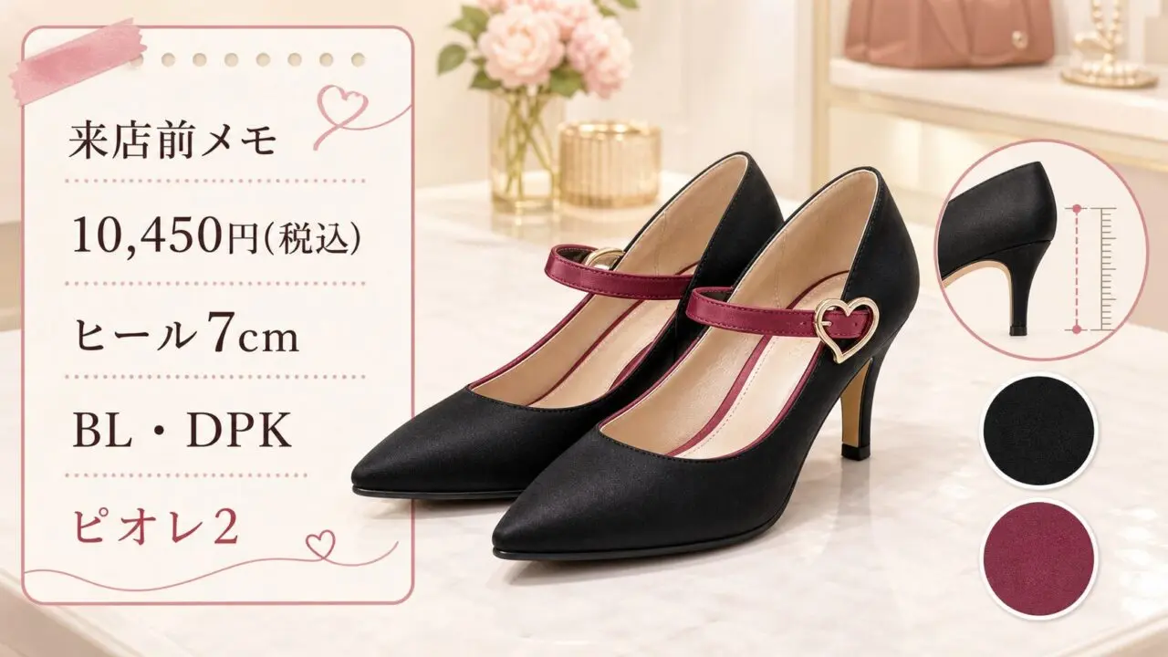 ピオレ姫路のキューピッドハートで扱うオープンハートパンプスの価格、ヒール、色、フロアをまとめた来店前メモ画像
