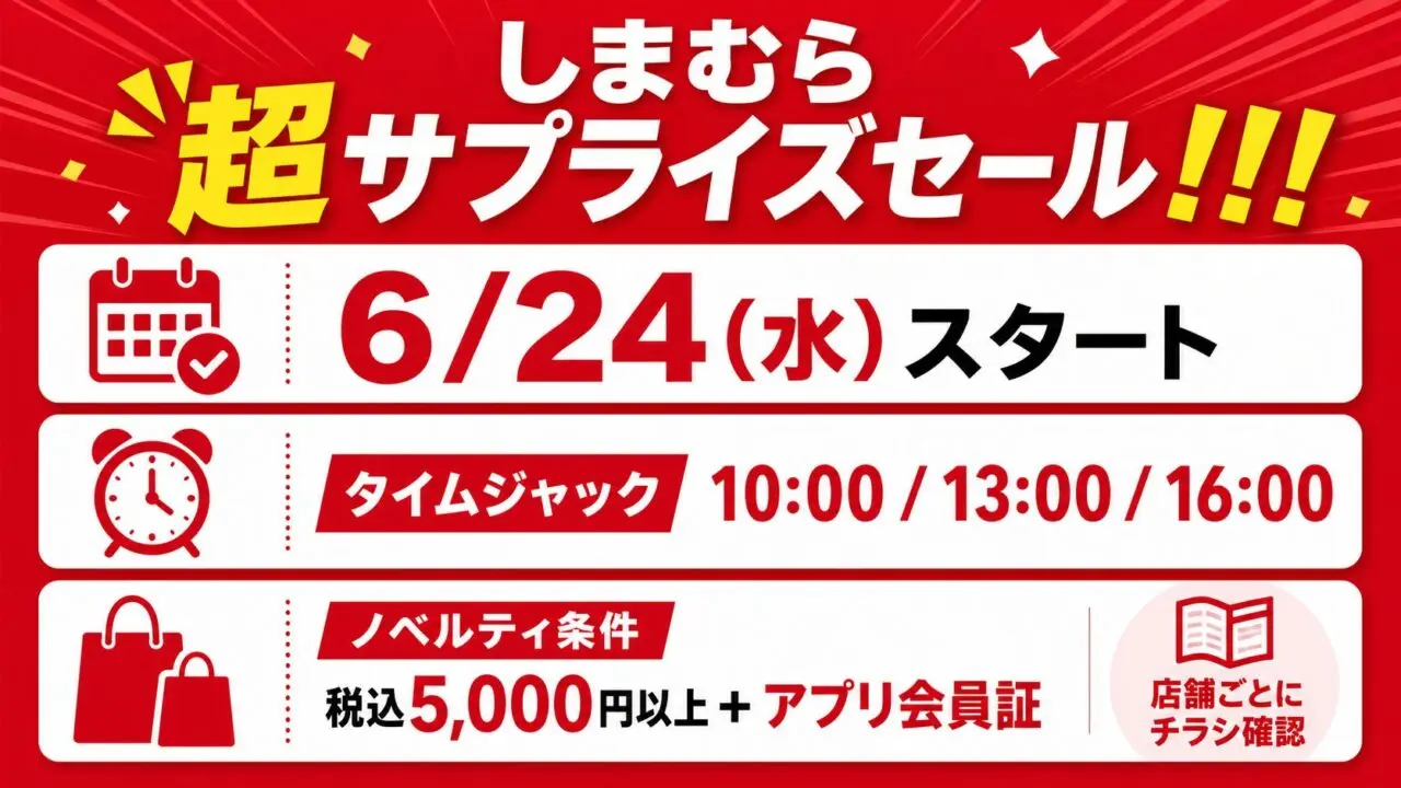 しまむら超サプライズセールの開始日、タイムジャック時間、ノベルティ条件