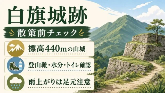 白旗城跡の散策前チェックをまとめたGPT Image2.0生成図解。標高440mの山城、登山靴、水分、トイレ確認、雨上がり注意を示す