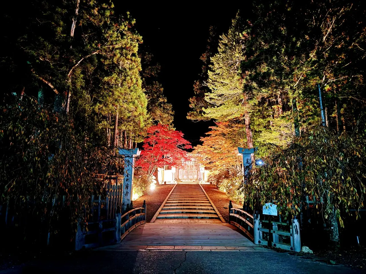 夜に照らされた赤い橋と参道