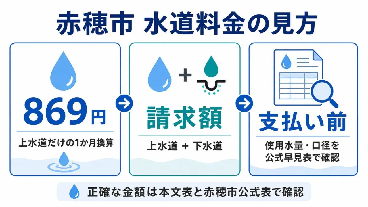 赤穂市の水道料金は869円が上水道のみで、請求額は下水道込みで見ることを示す図解