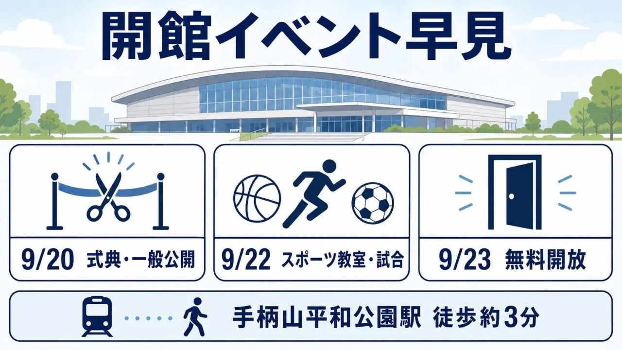 大和工業アリーナ姫路の開館イベント日程と手柄山平和公園駅からのアクセスを示す本文図解