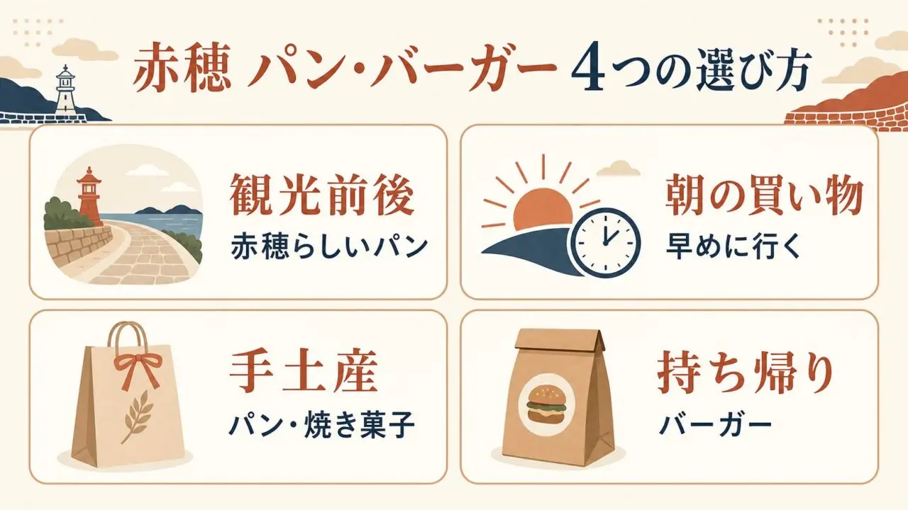 赤穂市のパン・バーガーを観光前後、朝の買い物、手土産、持ち帰りの4通りで選ぶ図