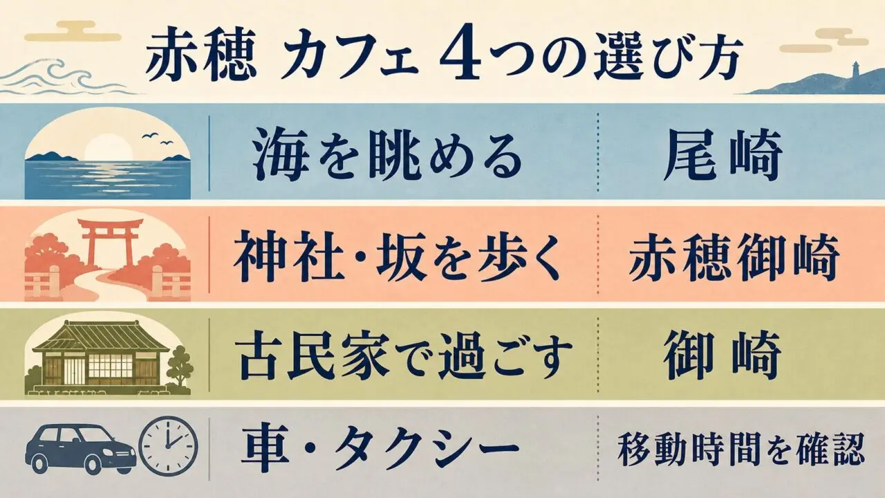 赤穂のカフェを海、神社と坂、古民家、車移動の4つの視点で選ぶ図