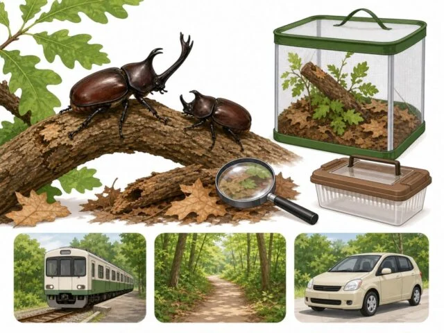 カブトムシ観察、虫かご、虫眼鏡、電車と森の道、車でのアクセスを表したイメージ
