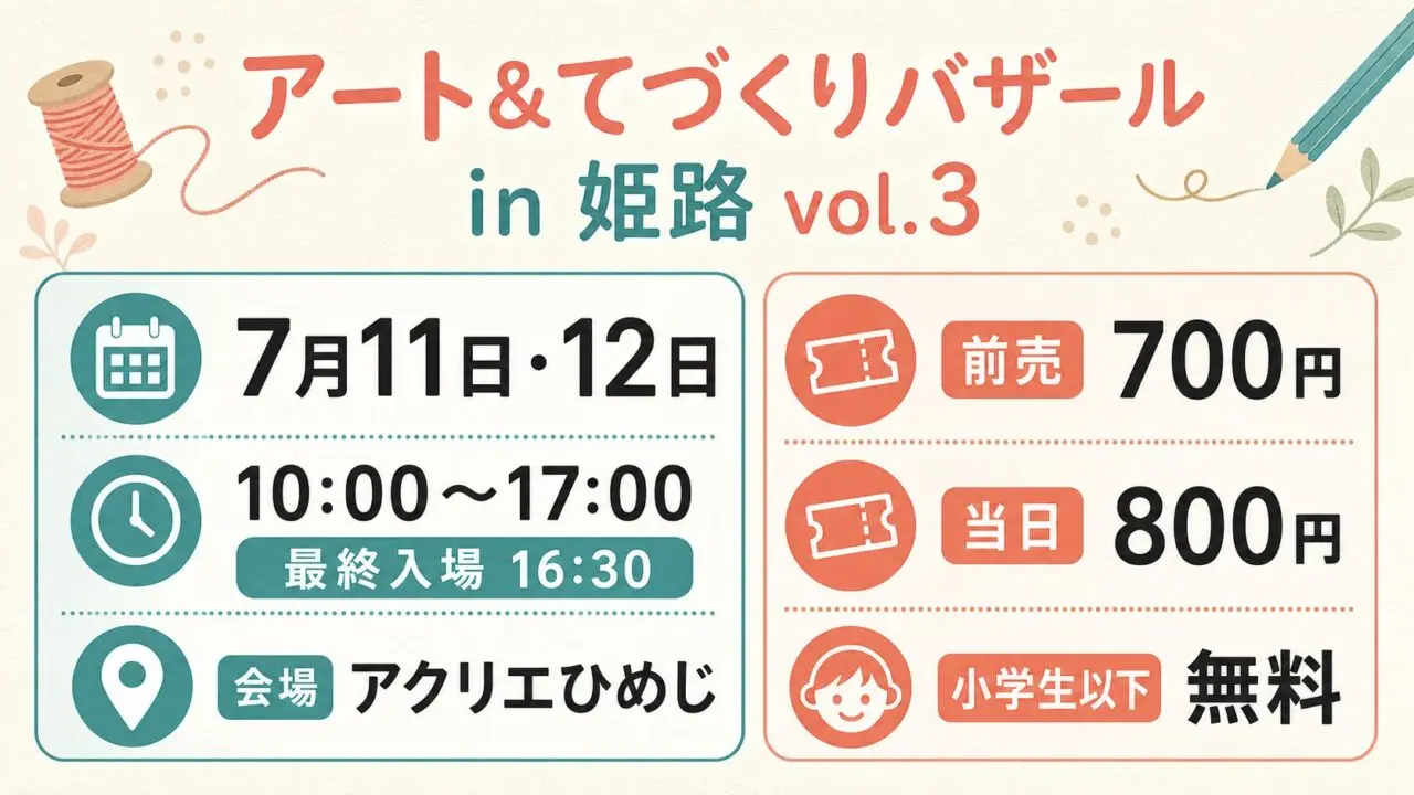 アート&てづくりバザール姫路vol.3の開催日、時間、会場、前売券と当日券の料金