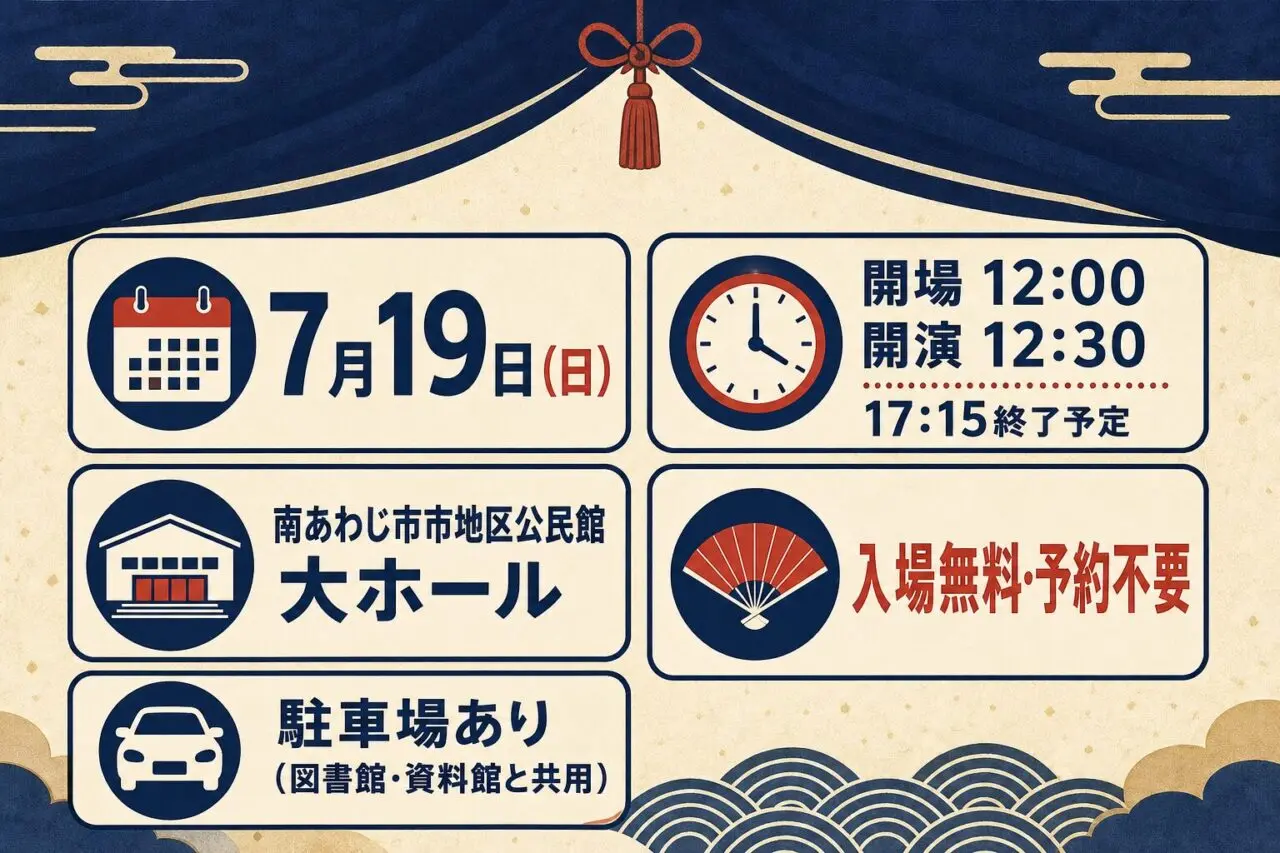 淡路人形浄瑠璃 第43回交流発表会。7月19日、12時開場、12時30分開演、南あわじ市市地区公民館、入場無料・予約不要