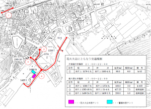 備前花火大会2026の公式交通規制図。会場周辺の規制区間と時間帯を示す。