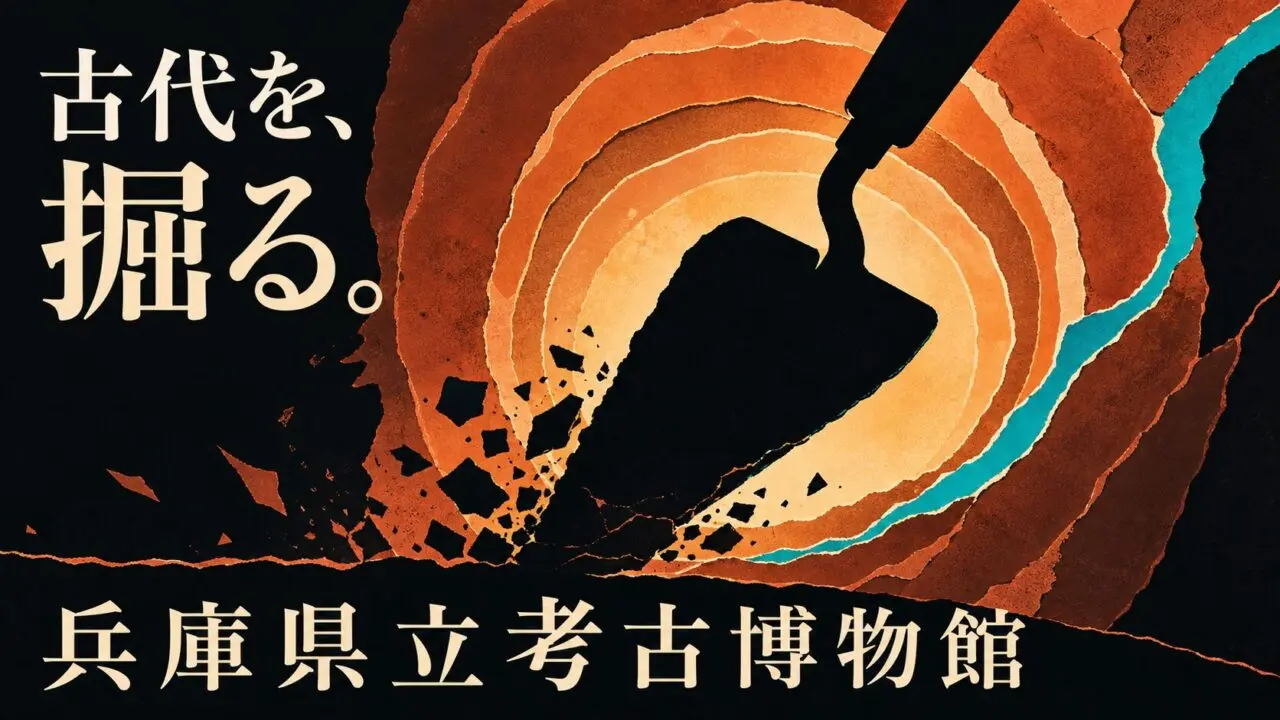 発光する土層を黒い発掘こてが掘り進む兵庫県立考古博物館の編集イラスト