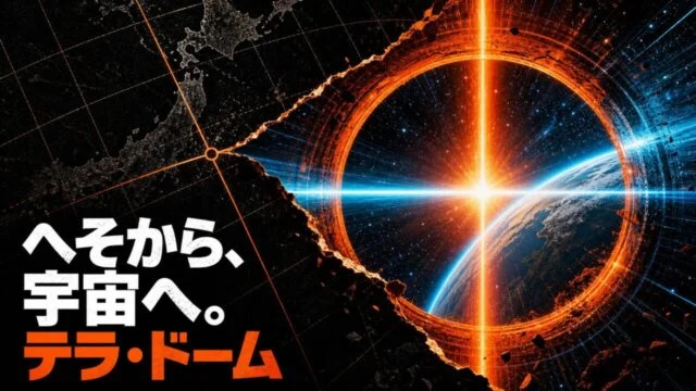 黒い座標面の交点から宇宙と地球が現れるテラ・ドームの編集グラフィック