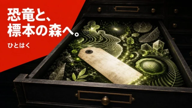 開いた標本ドロワーから葉脈や鉱物の光が広がるひとはくの編集グラフィック