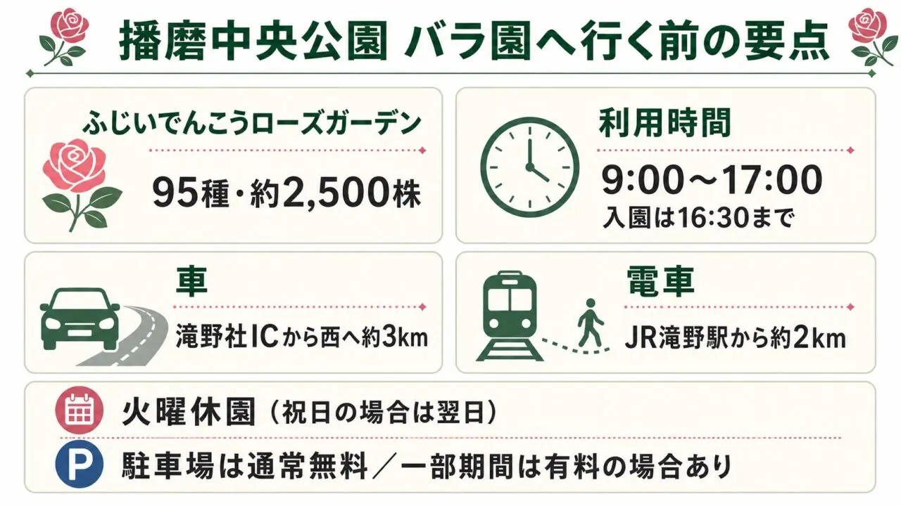 播磨中央公園ローズガーデンの規模・利用時間・車と電車のアクセス・駐車場案内