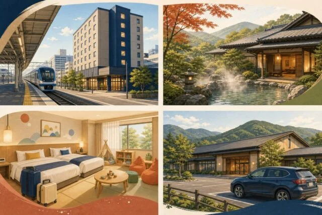 駅近、温泉・旅館、子連れ、車移動の4つの宿選びを表したガイド