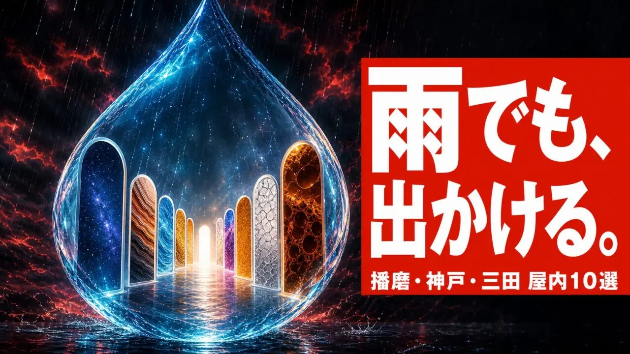 巨大な青い雨粒の中に複数の入口が並ぶ雨の日屋内10選の編集グラフィック