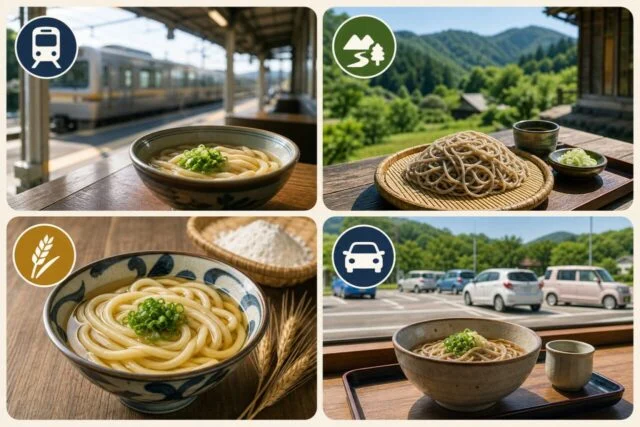 駅近、山里のそば、ご当地うどん、車移動の4つの選び方を表したガイド
