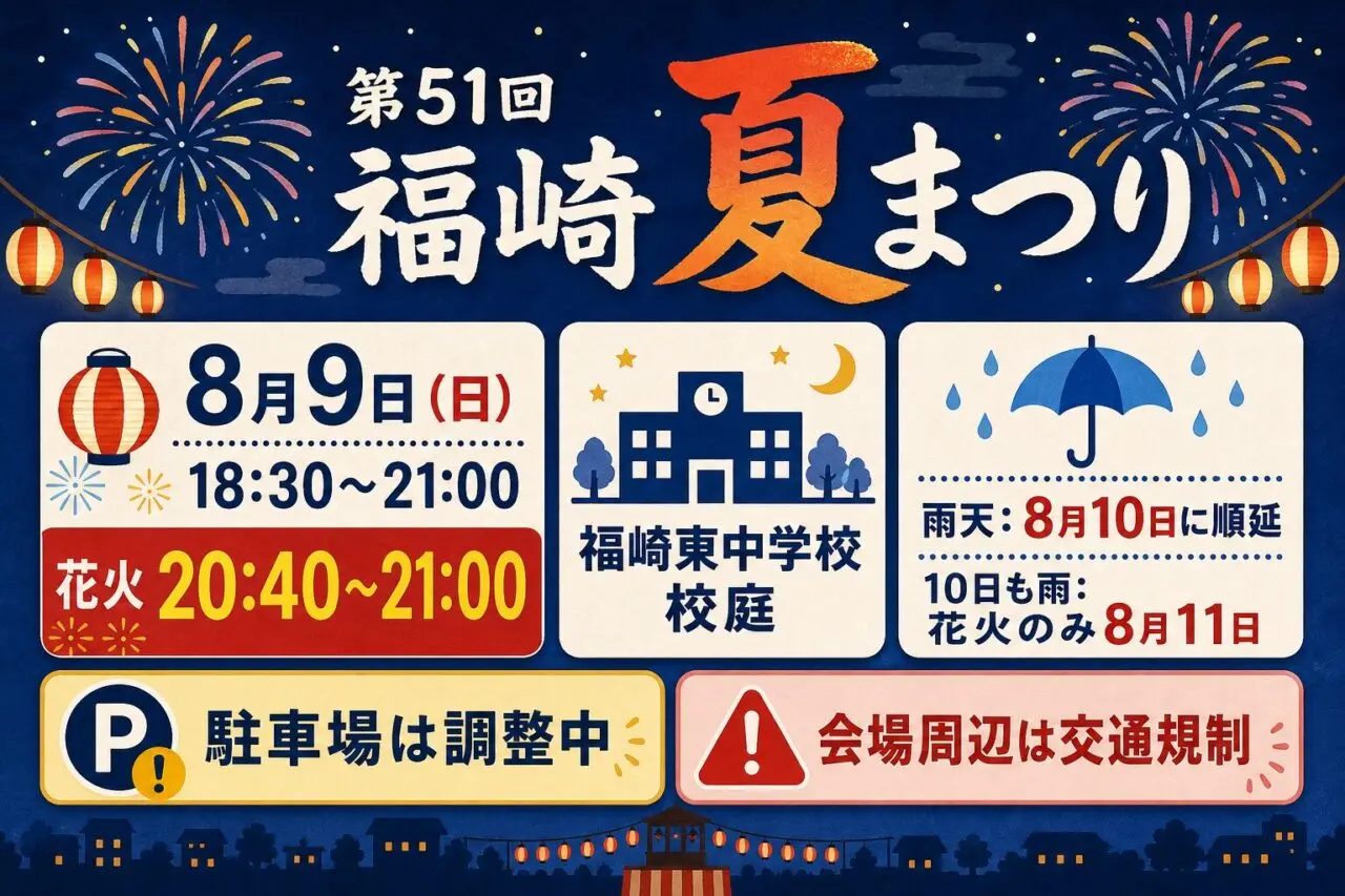 福崎夏まつり2026の開催日時、花火時刻、会場、雨天順延、交通規制をまとめた図