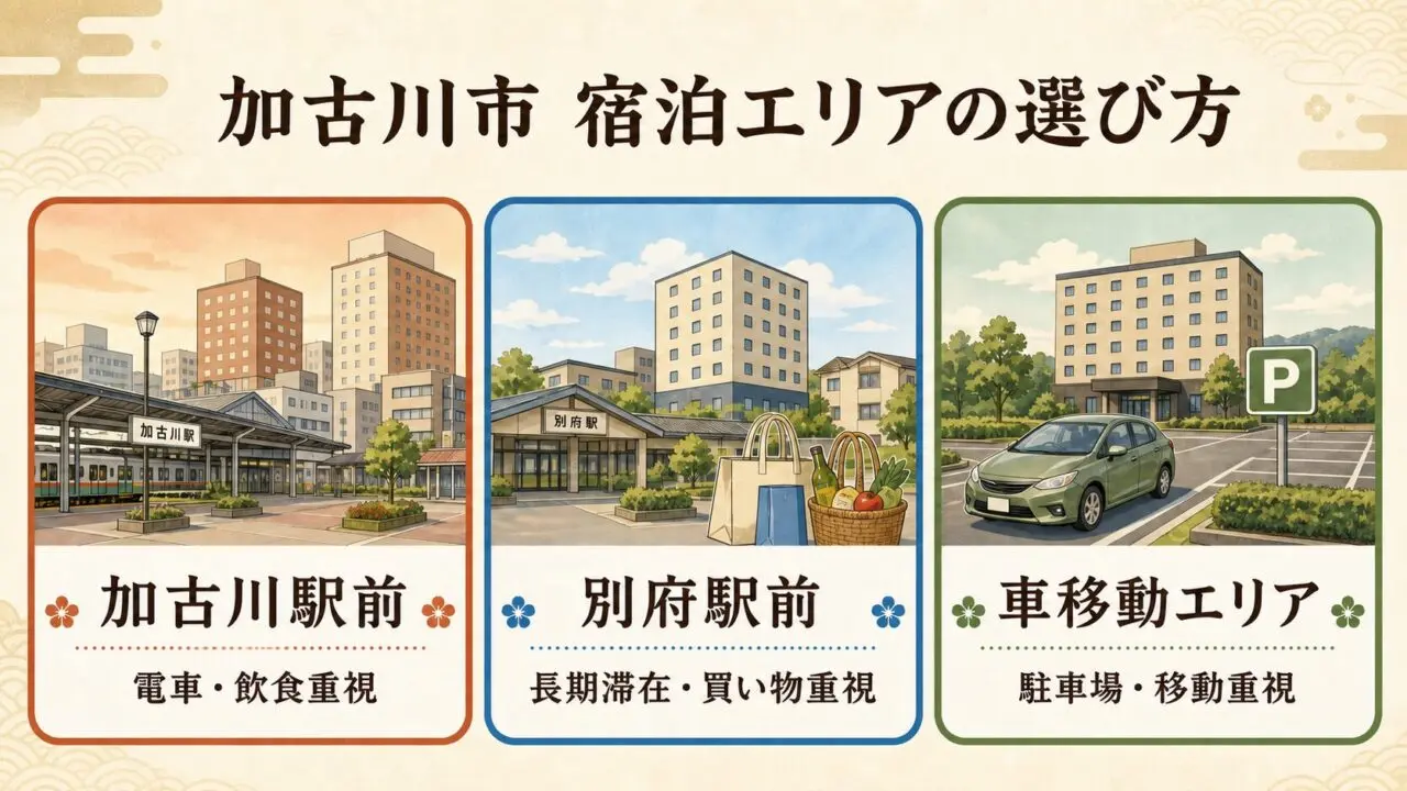 加古川市の宿泊エリアを加古川駅前・別府駅前・車移動で選ぶ図解
