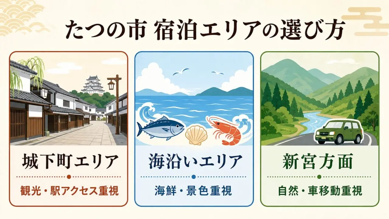 たつの市の宿泊エリアを城下町、海沿い、新宮方面の3つに分けた選び方図