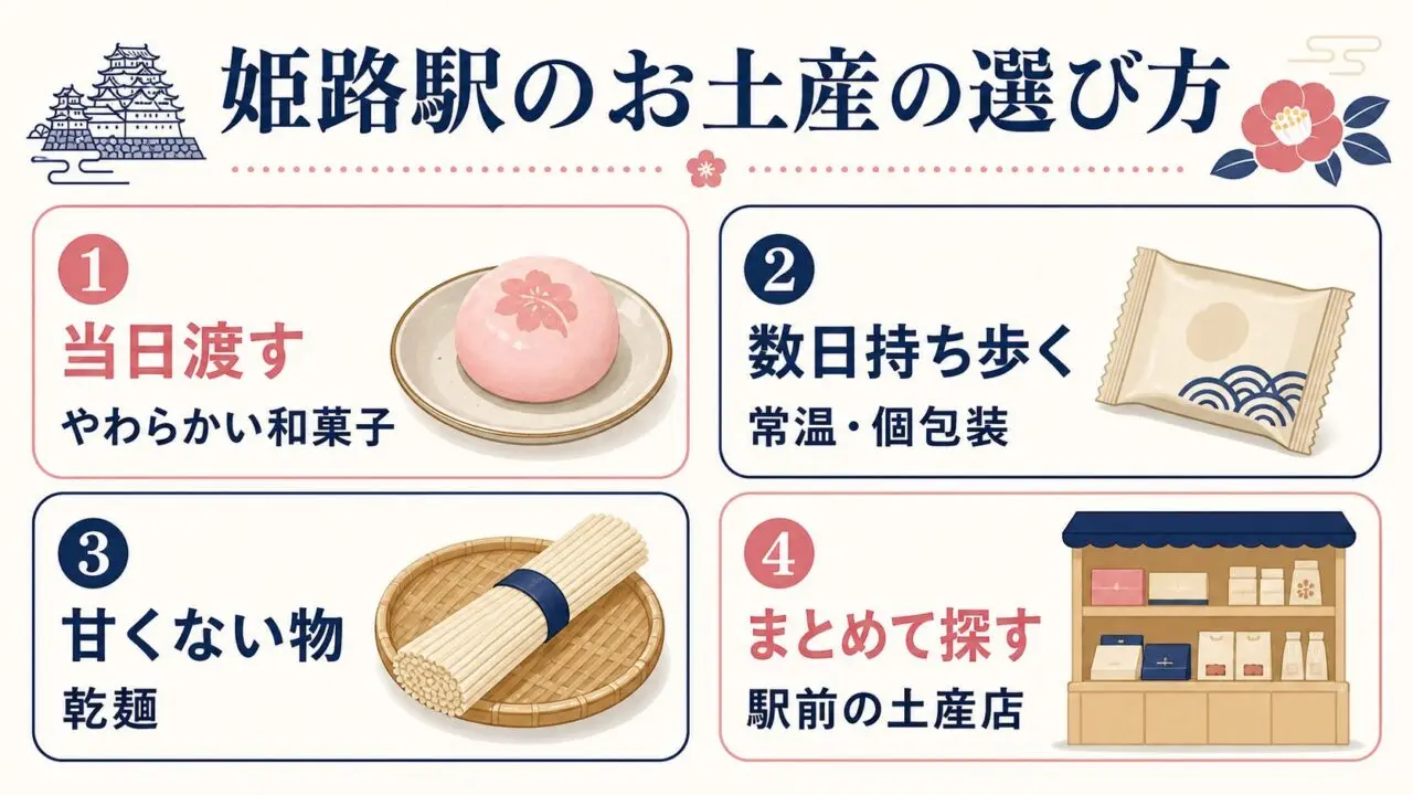 姫路駅のお土産を渡す時期・甘さ・売り場で選ぶ図解