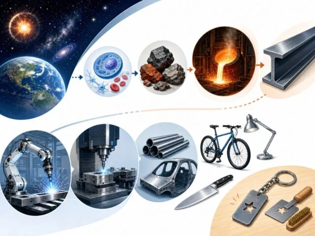 宇宙と地球から鉄鉱石、製鉄、鉄製品、ものづくりへ続く鉄の学びの流れ