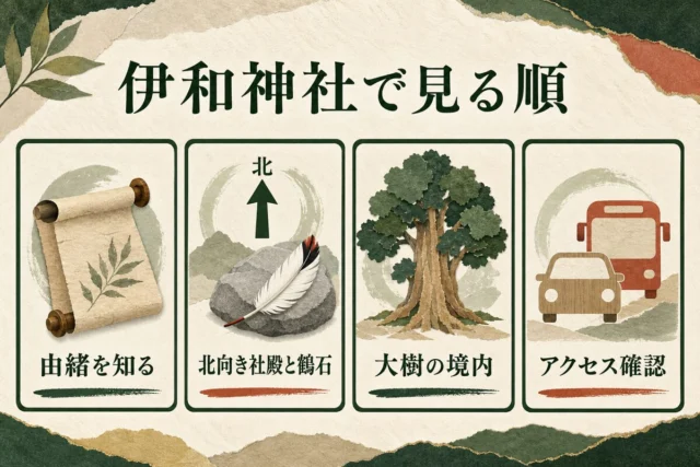 伊和神社で由緒・北向き社殿と鶴石・大樹・アクセスを確認する順序の図