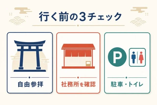 伊和都比売神社へ行く前に自由参拝・社務所・駐車とトイレを確認する図