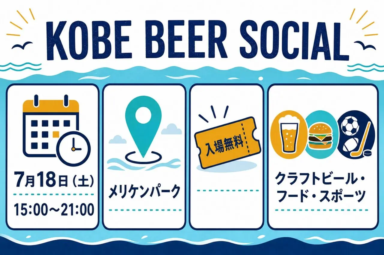 KOBE BEER SOCIALは7月18日15時から21時、メリケンパークで開催、入場無料。クラフトビール・フード・スポーツを楽しめる